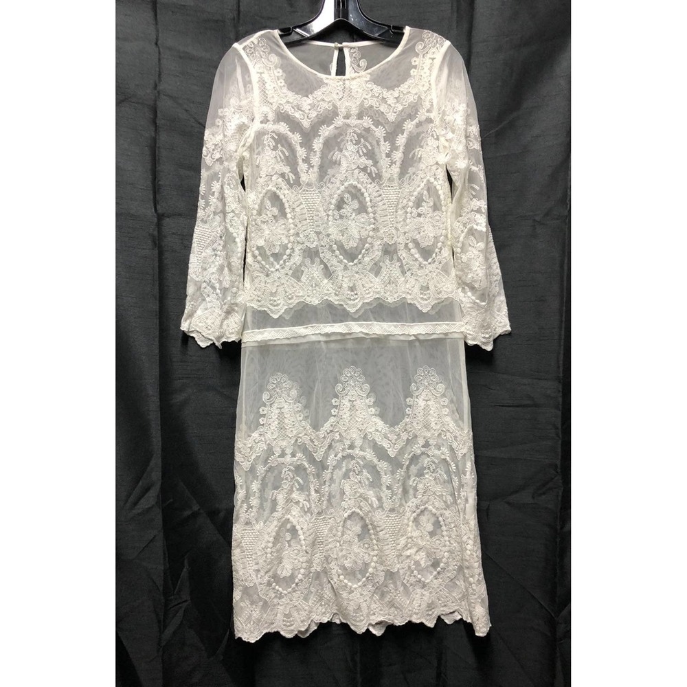 Embroidered mesh sheer white dress M